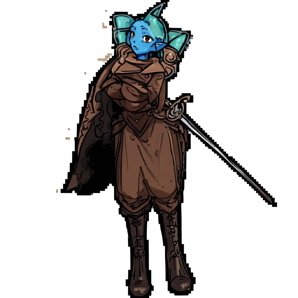  feamle, merfolk , brown eyes, blue skin, brown medival clothes , drark brown boots, rapier on side, brown cloack