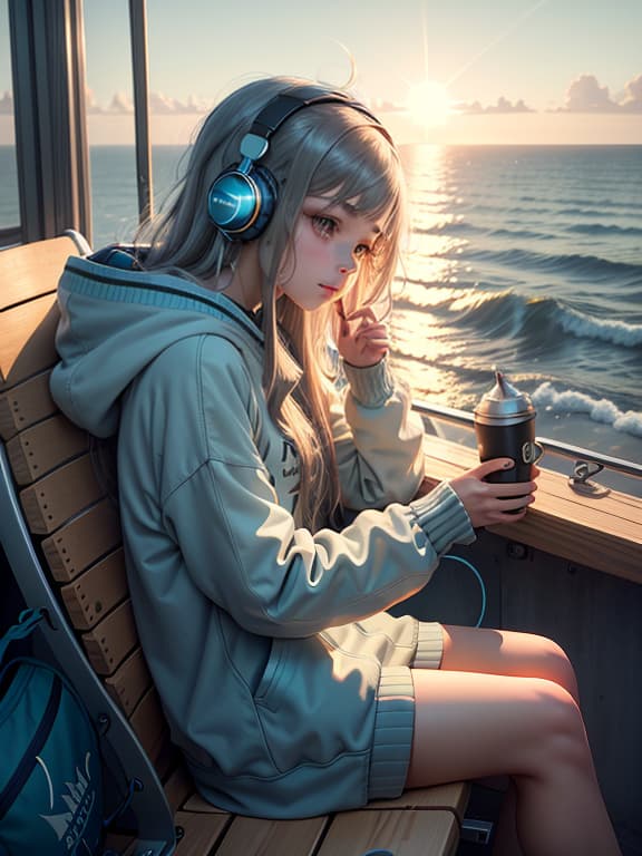  master piece, best quality, ultra detailed, highres, 4k.8k, long haired girl in a hoodie with blue strands of hair., listening to music with headphones, looking at the sea., relaxed and content., break a girl enjoying music by the sea in the city., urban coastal area with cityscape in the background., headphones, smartphone, beach chair, and buildings., break laid back and serene., sunlight reflecting on the sea, creating a peaceful ambiance., creature00d