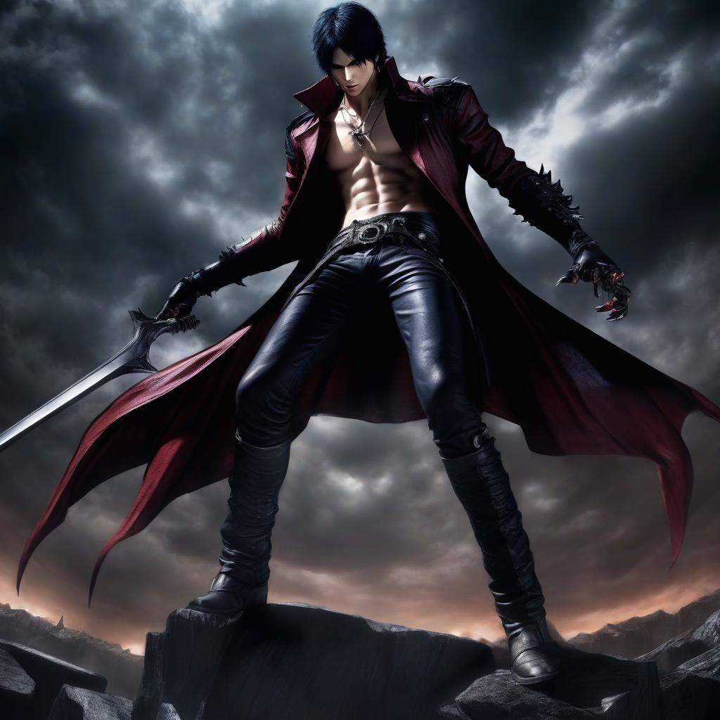  dante devil may cry in dark fantasy dark colors with black hair and action pose