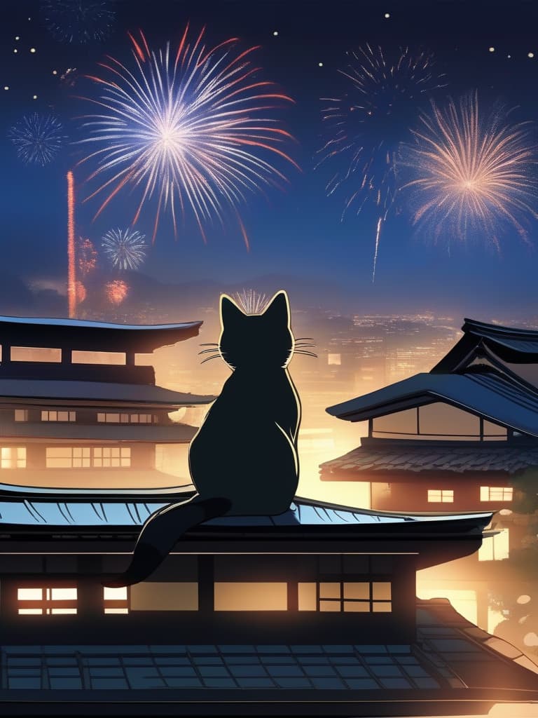  1cat,small cat ,japanese cat ,sit and look up，japanese house roof ,sit on a tiled roof,fireworks,midnight,