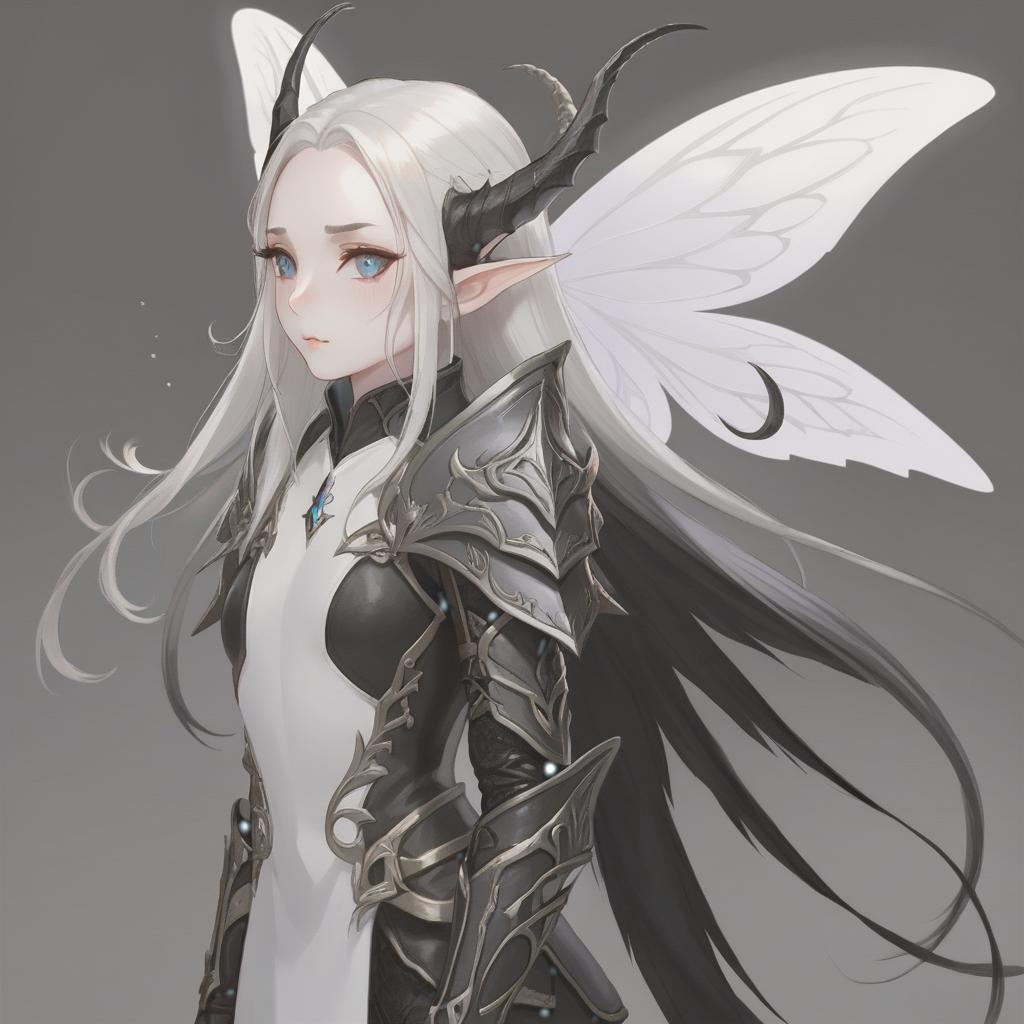  dnd, young , small black horns on the head, white skin, white hair, long hair in the tail, pointed elven ears, white wings of a moth, black leather armor, pearl on the , hkmagic