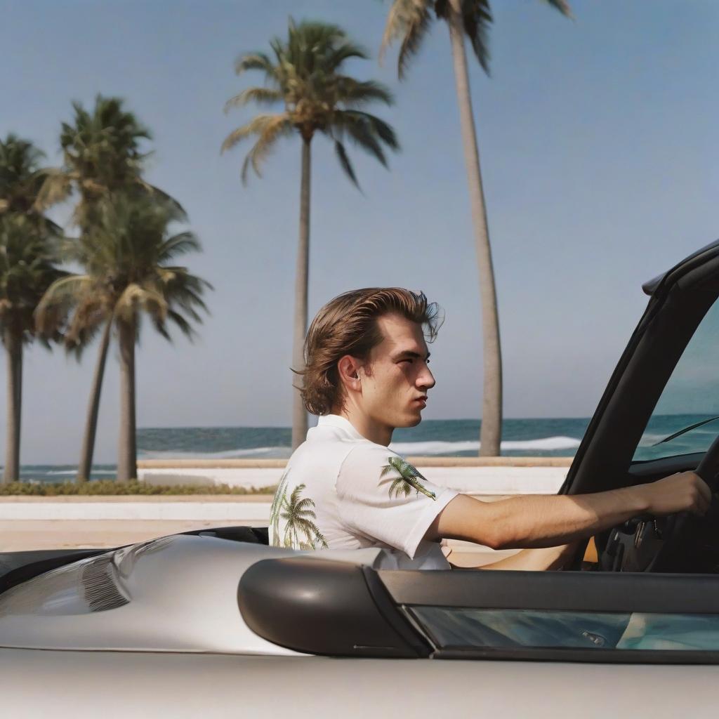  young guy with bristles, shirt with palm trees, sitting in an expensive porsche behind the wheel, side view profile, background ocean big waves, bright sun, film photography style