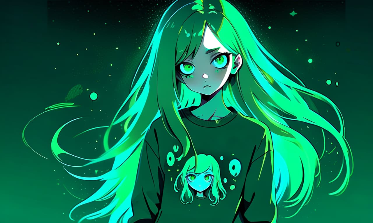  psychedelic style a girl in anime and pixel art style with long hair stands in the dark dressed in a dark green sweatshirt and pants. the girl looks into the darkness with black lower eyelids under the eyes of turquoise color full of fear of the unknown and curiosity. she's holding her hand in front of her. . vibrant colors, swirling patterns, abstract forms, surreal, trippy