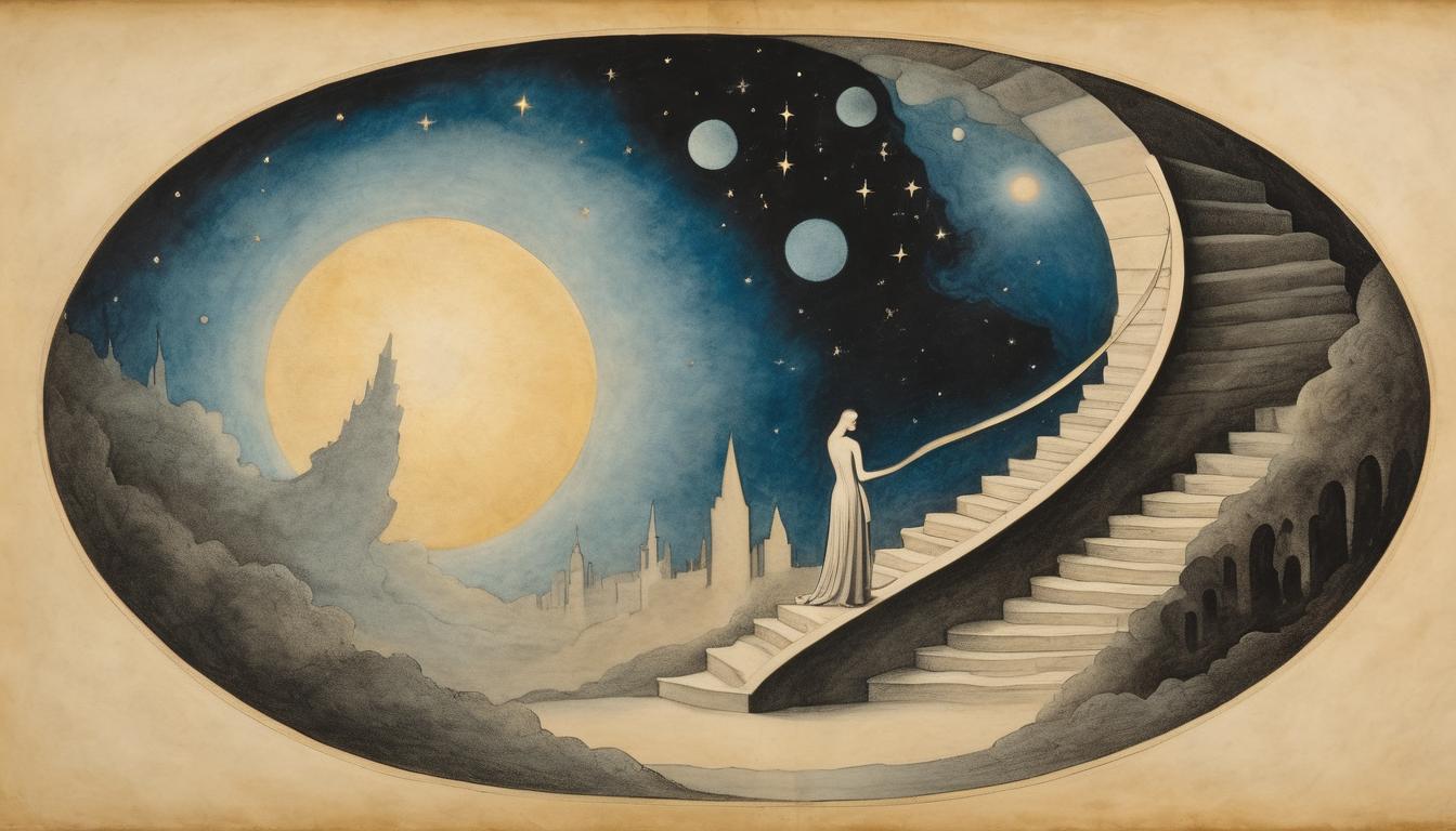  on parchment, surrealism++, silhouette of a figure ascending a staircase into a luminous, celestial landscape, surrounded by ethereal light, sense of transcendence, elevation, luminous, ethereal(mysterious, provocative, symbolic)++