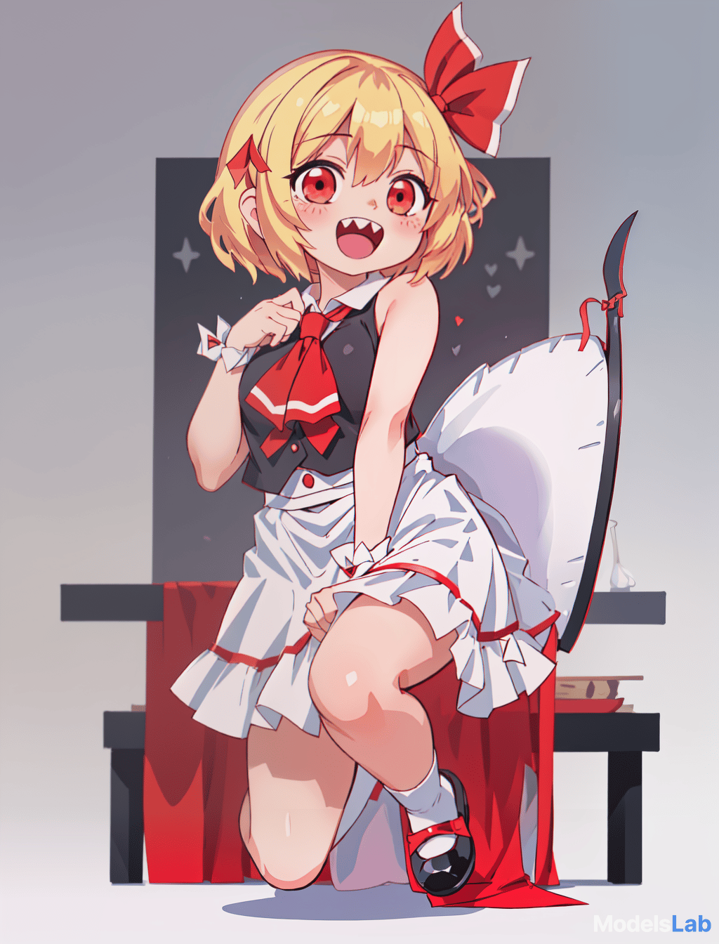  rumia, touhou project, , cute, happy, girl, elementary student, straight hair, blonde hair, short hair, red hair tie, sharp teeth, razor sharp teeth, flat , no s, board like, no , bare , bottomless, , , , lewd, anime, rumia looks like a cute girl, around 128cm, with a cute face and sharp teeth. she has short blonde hair approximately to her shoulders, tied at one side with a red ribbon that's used to seal her true power. she has crimsom red eyes, and a like body with a flat , plump , and a puffy mound that looks like a 's. hyperrealistic, full body, detailed clothing, highly detailed, cinematic lighting, stunningly beautiful, intricate, sharp focus, f/1. 8, 85mm, (centered image composition), (professionally color graded), ((bright soft diffused light)), volumetric fog, trending on instagram, trending on tumblr, HDR 4K, 8K