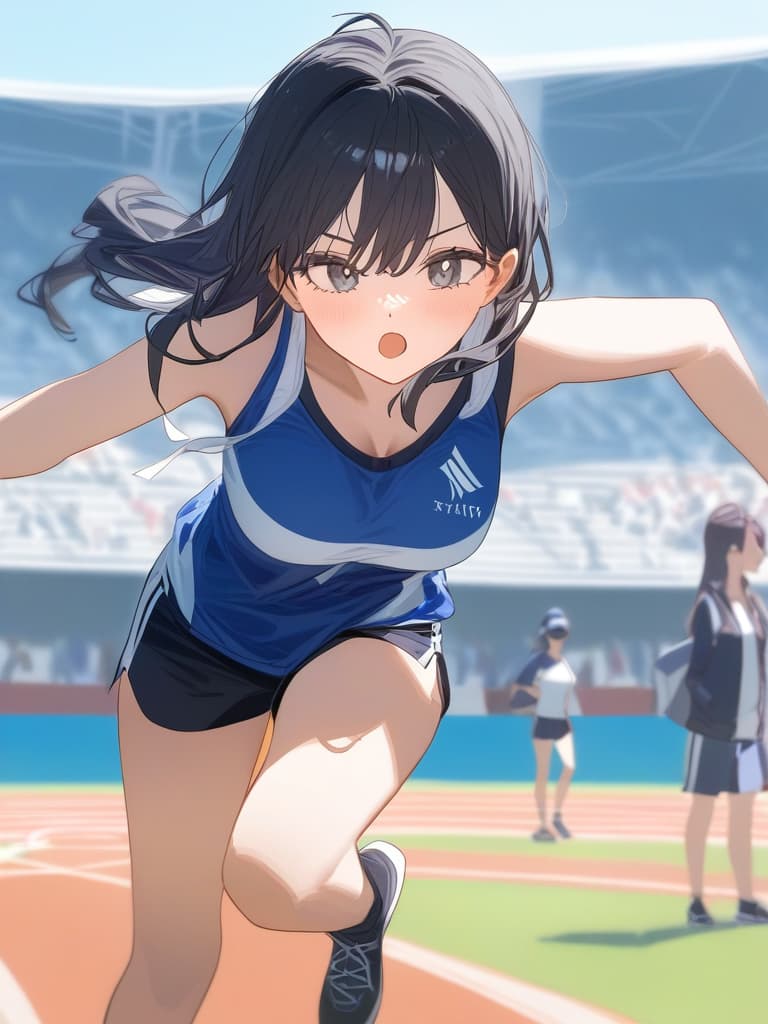  a girl with black hair running at the athletic meet