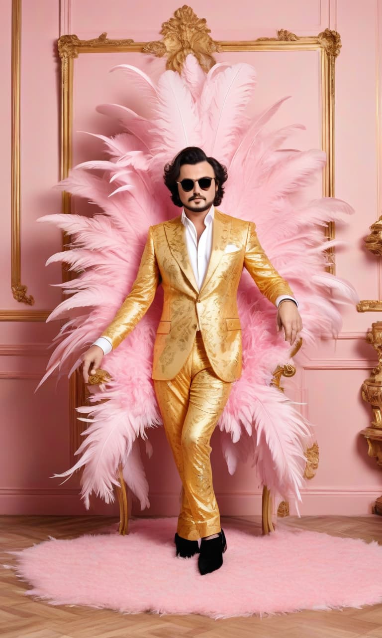  concept art color pink, white, black, gold pink room philip kirkorov in a gold suit of flats and feathers . digital artwork, illustrative, painterly, matte painting, highly detailed, perfect hands