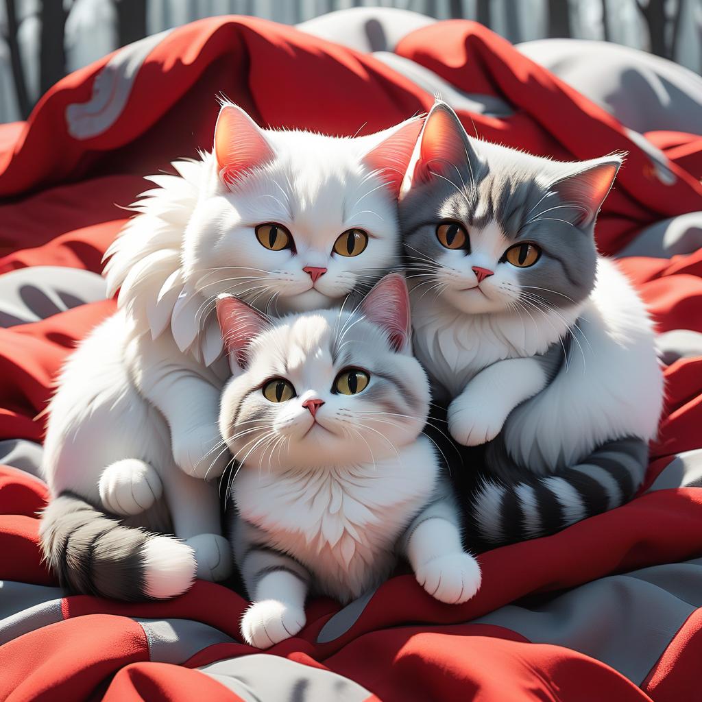  three cartoon cats of white red and gray color lying on top of each other, sticker hyperrealistic, full body, detailed clothing, highly detailed, cinematic lighting, stunningly beautiful, intricate, sharp focus, f/1. 8, 85mm, (centered image composition), (professionally color graded), ((bright soft diffused light)), volumetric fog, trending on instagram, trending on tumblr, HDR 4K, 8K