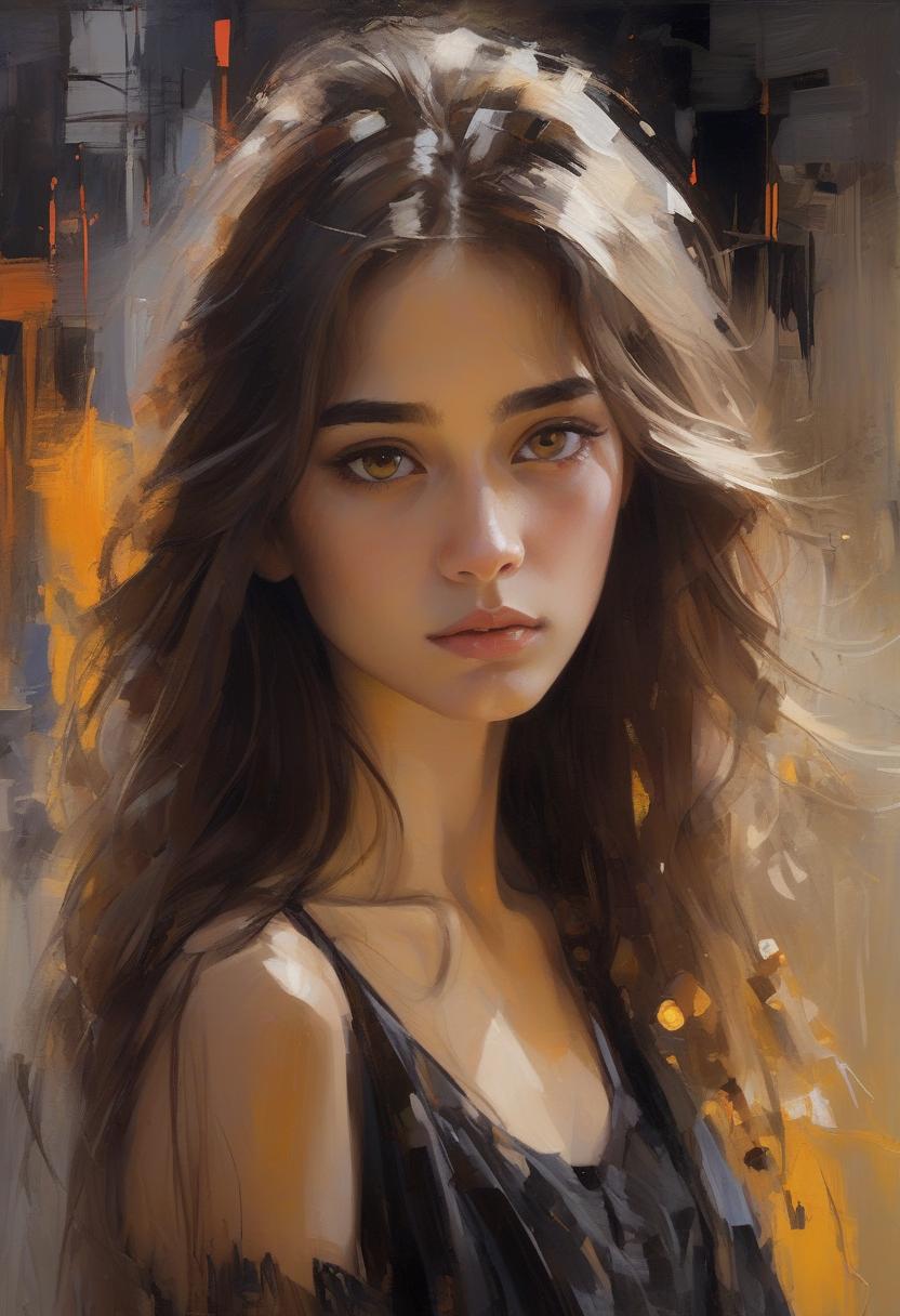  portrait of a young in her 20s, long flowing hair, brown eyes, a hybrid style combining the careful subtlety of karn griffith and michael garmash with the intricate realism of ivan shishkin, an oriental color palette with deep, saturated shades, neon lighting contrasts with the abstract textures of black oil, the aesthetic of fur is intertwined with the detailed work of acrylic brush, grunge elements add a raw atmosphere