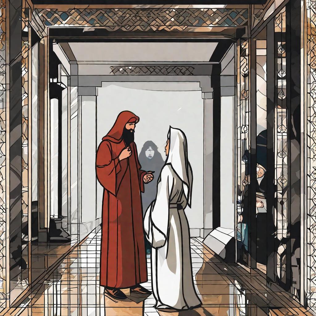  masterpiece, best quality, A bearded mullah with white robe in iran talking to a young iranian woman for not wearing her hijab properly outside bg black gates