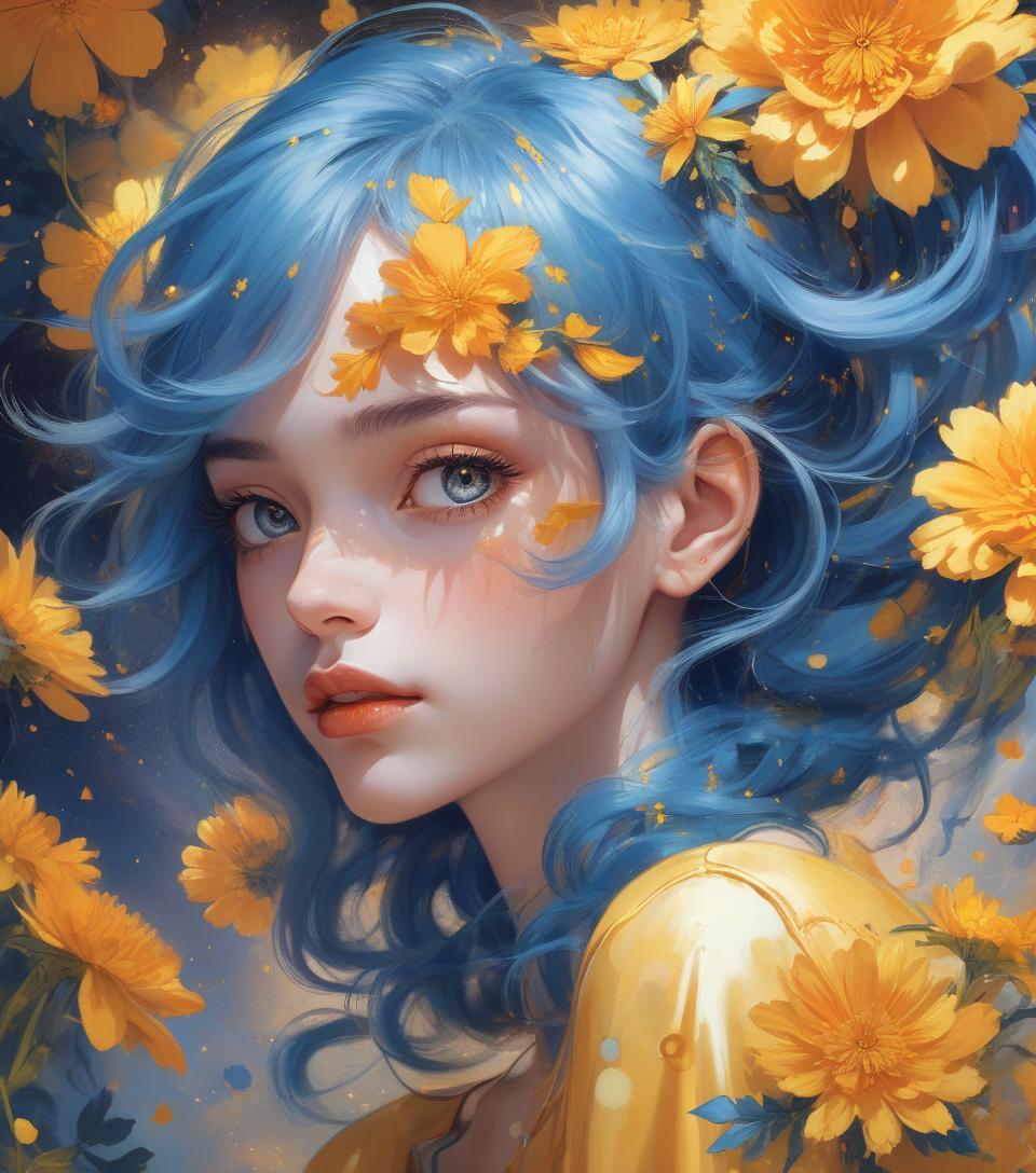  a painting of a woman with blue hair, marigold celestial vibe, :: rossdraws, blue and gold color scheme, within radiate connection, glowing aesthetic, golden taurus, suns, looking to stars, very anime, bright:. hyperrealism mixed with 2d, bold colors, stylized portraits, famous faces, pop art still life, pop art landscapes. delicate face, facial details, confident soft impressionist perfect composition, sharp, perfect eyes. jamuary 21 = drawing + romanticism + abstract art. drawing by michael ayrton, fusion of [romanticism | abstract art by alberto seveso] digitally enhanced cinematic pencil sketch manifesting intense emotion. an image must have a mysterious look and incredible masterpiece quality it must be in high resolution (8k) w