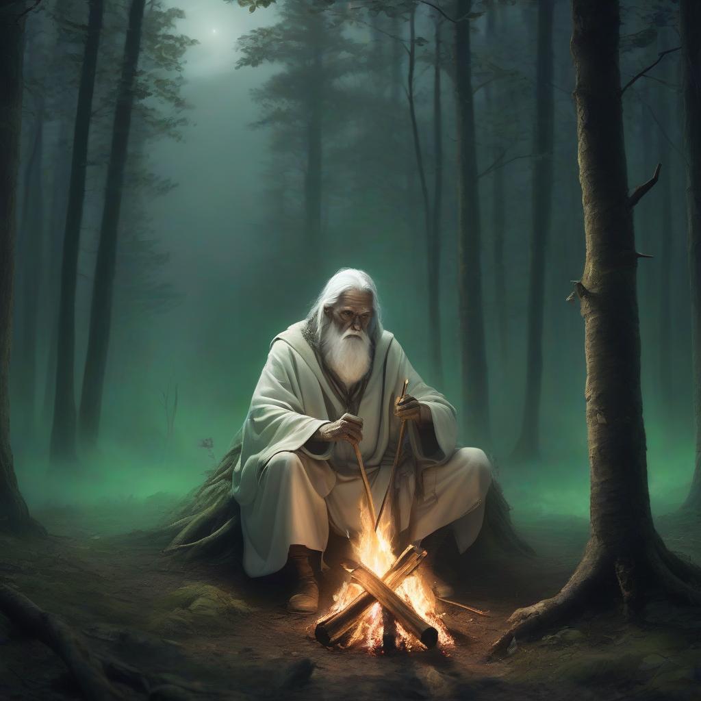  draw in as a sage in white sits and with a stick behind a bonfire in the forest at night the face of the elder is not visible in the colors of trees with green leaves painted in 3d