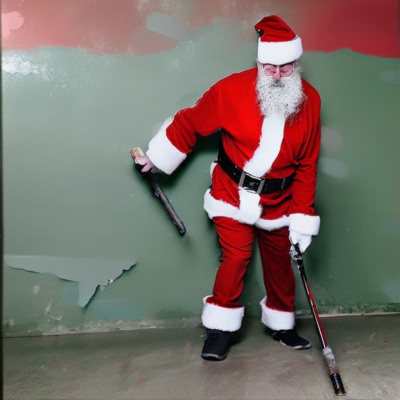  a man with a white beard mid to late 40s wearing a full red santa suit with white cuffs, black boots painting a long wall with a paint roller and an extension pole .