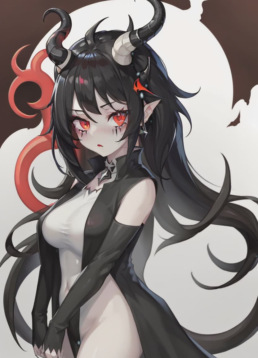  demon woman, white skin, red eyes, black hair, white horns, black clothes, sticker