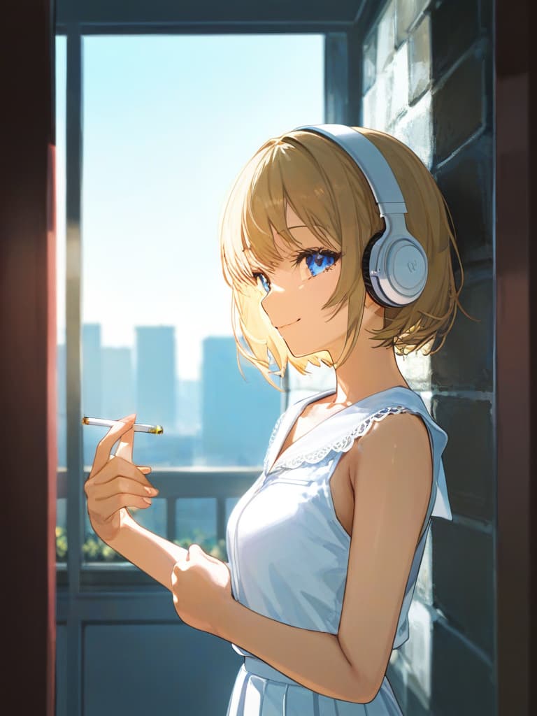  headphones, whole body, blue eyes, blonde bob cut s, white pleated s, white sailor uniforms, s who smoke spider nest on the left arm, with purple rose on the left , a cigarette, smiling, masterpiece, best quality,8k,ultra detailed,high resolution,an extremely delicate and beautiful,hyper detail