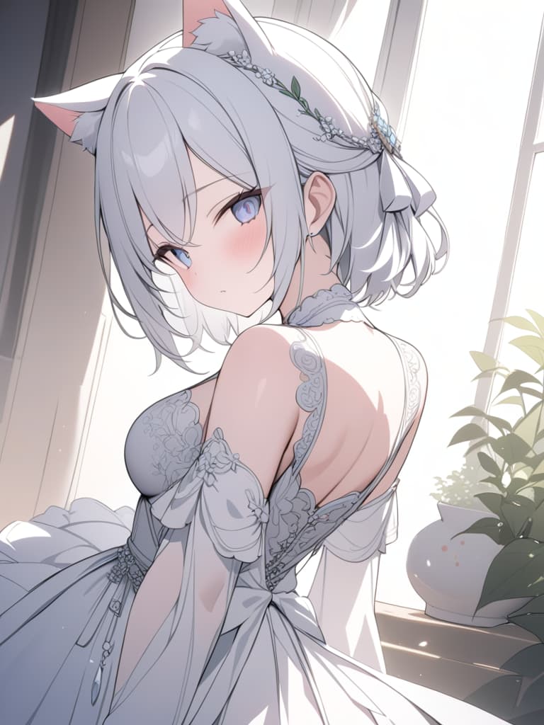  white hair, short hair, cat ears, wedding dresses, crowns on the head, neutral, masterpiece, best quality,8k,ultra detailed,high resolution,an extremely delicate and beautiful,hyper detail