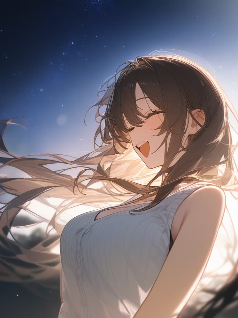  a girl laughing at me, bright brown hair, long hair, transparent ephemeral, black sleeveless dress, white cardigan, whole body facing in front, laughing, laughing, starry sky under the whole body, facing here, my eyes meet me, masterpiece, best quality,8k,ultra detailed,high resolution,an extremely delicate and beautiful,hyper detail