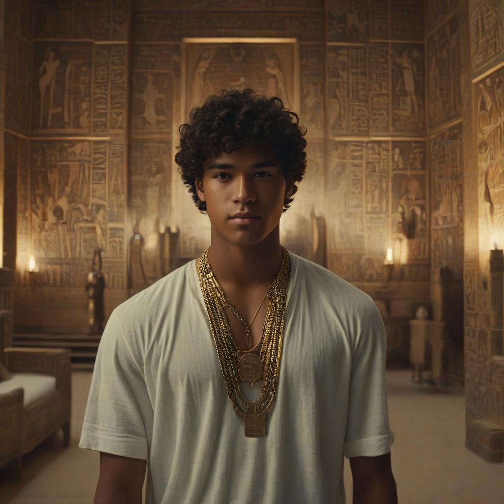  dreamscape ancient egypt; an incredibly beautiful twenty egyptian youth; he is in a room of an ancient egyptian building and dreams; his face is smoothly ; he has pleasant, pretty facial features; he has a light skin unusual for an egyptian; he is dressed in ancient egyptian white linen clothes and wears ancient egyptian jewelry; he has a dreamy facial expression; he has very lush hair to his shoulders, and a straight bang hides his forehead; the room where the young man is painted with ancient egyptian reliefs; cinematic lighting; cinematic style. . surreal, ethereal, dreamy, mysterious, fantasy, highly detailed