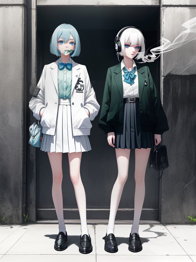  headphones, blue eyes, smoking, smoking, mine based makeup, girls with bob hair, girls who smoke tobacco, spider web on the left arm, souvenir jacket, white pleated skirt, white pleated skirt , wearing the whole body, green jacket, and black loafers, masterpiece, best quality,8k,ultra detailed,high resolution,an extremely delicate and beautiful,hyper detail