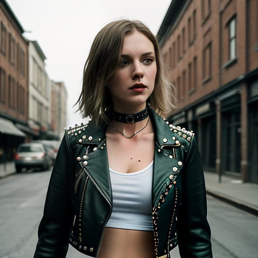  ((best quality)), ((masterpiece)), (detailed), a beautiful punk rock girl, in a leather jacket with rivets and torn jeans . against the background of the concert scene. choker, aggressive posture, green eyes, you can see a well structured abdomen., slate atmosphere, cinematic, dimmed colors, dark shot, muted colors, film grainy, lut, spooky