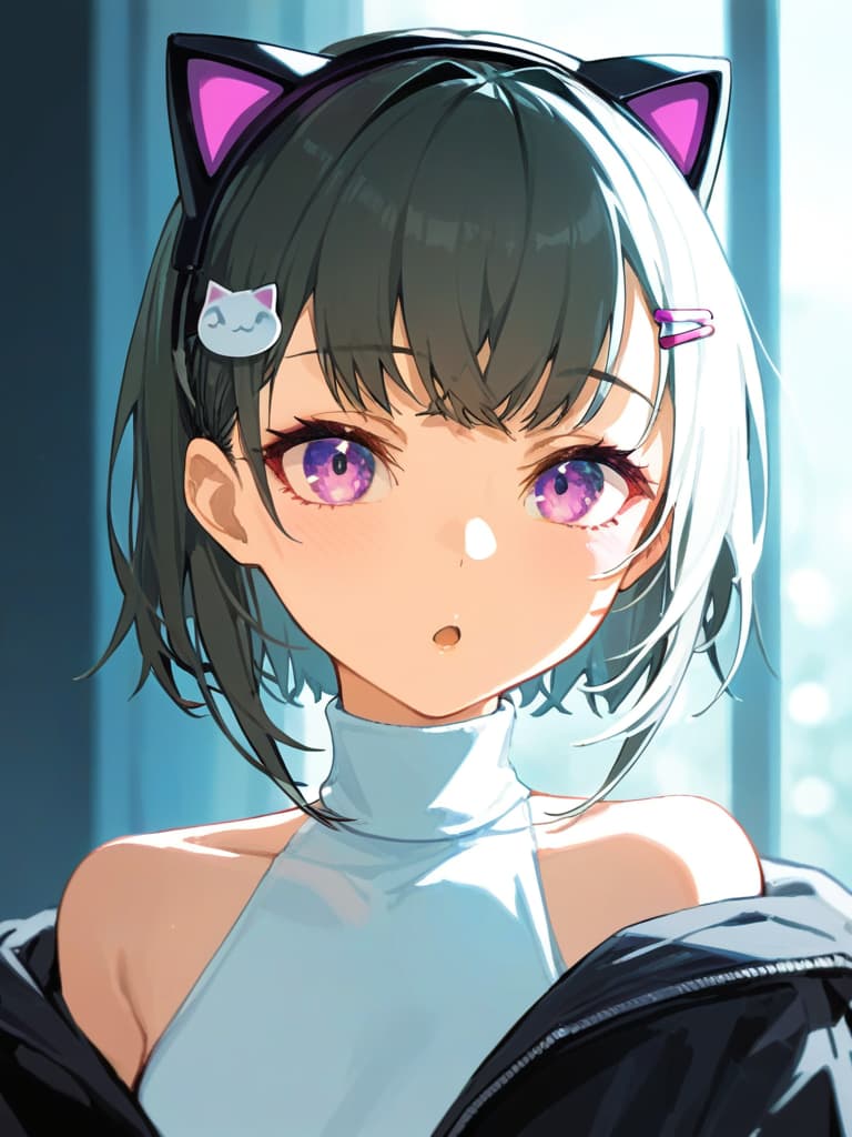  (black cat ear headphones: 1.2), masterpiece, open mouth, best quality, close up, from front, medium hair, purple eyes, erling. e oversized jacket, (shoulder gap: 1.2) , (white turtleneck: 1.1), (hair pin: 1.3)