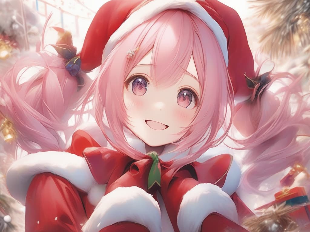  santa cosplay twin tails pink hair color, smile, masterpiece, best quality,8k,ultra detailed,high resolution,an extremely delicate and beautiful,hyper detail