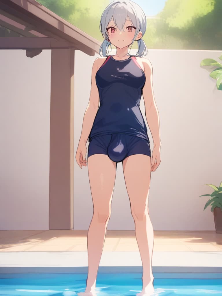  women's elementary students (male), twin tails, cute smiles, (rich s), low stature, dark blue swimwear, old swimwear, , simple (upward), male , (bulge), shaped clear , front , whole body, pool side,