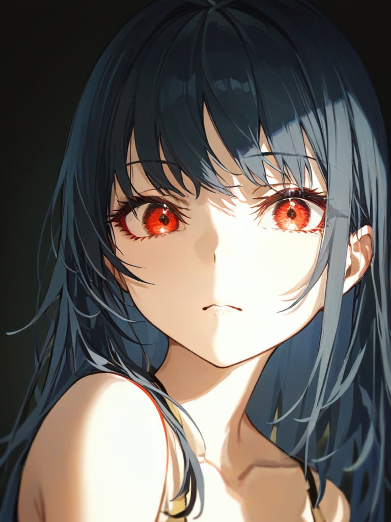  black hair long hair, bangs, hidden right eyes, red eyes, glaring with upper eyes, black background, masterpiece, best quality,8k,ultra detailed,high resolution,an extremely delicate and beautiful,hyper detail