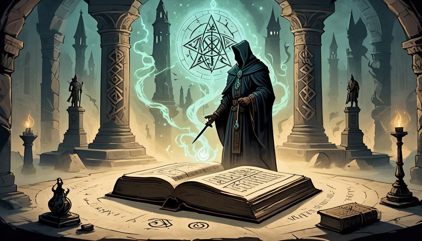  on parchment, surrealism+++, a large ancient tome with glowing runes set on a pedestal, shadowy silhouettes of figures in the background, knowledge emanates from the book, mysterious, sacred, ancient magic(mysterious, provocative, symbolic,muted color)+++