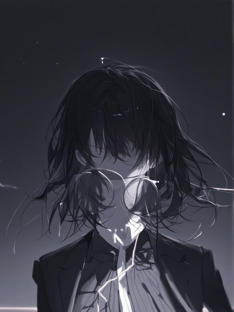  creates for me an image of a man, he has messy black medium hair, with two strands of hair parted in the middle, one of the strands white. circular glasses, all in shadows and black, black background and white lights, wearing a suit and dress clothes . best quality, high resolution