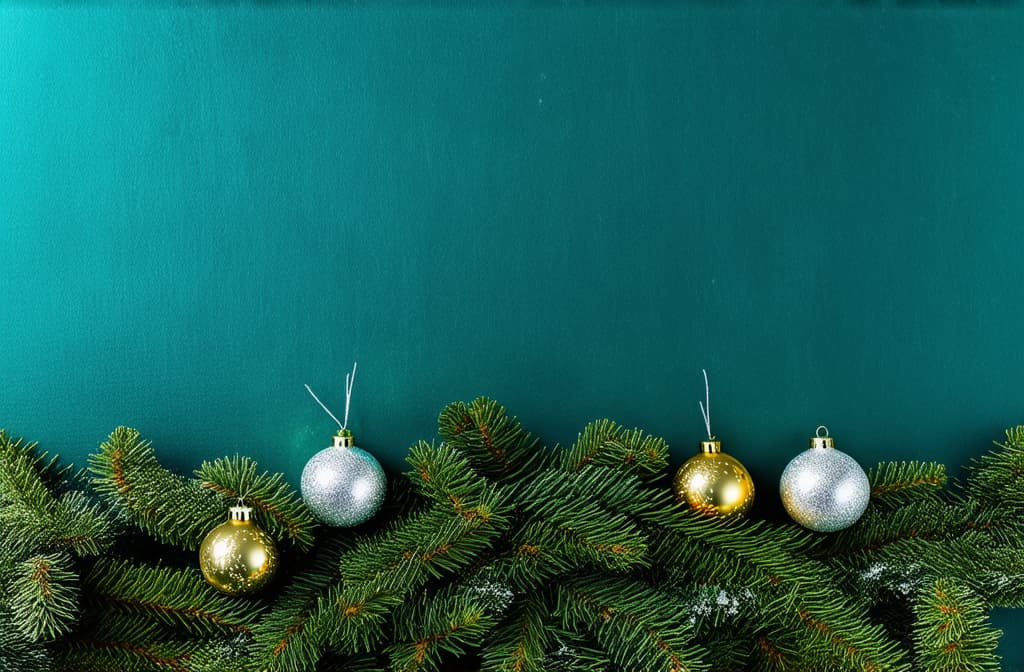  professional detailed photography, new year vertical dark turquoise background with gold and silver balls on fir branches with space for text ar 3:2, (muted colors, dim colors, soothing tones), (vsco:0.3)