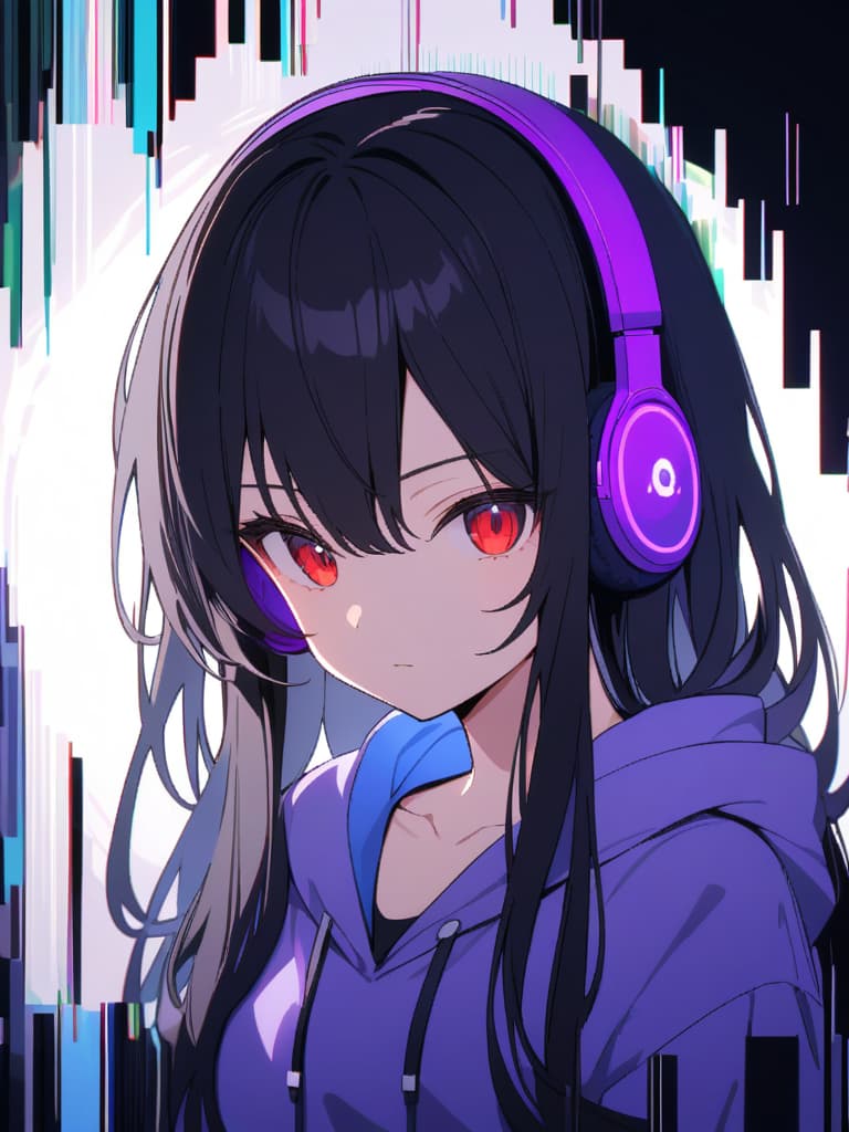  ((headphones,long hair,purple headphones,black hair,cool,handsome girl,purple hoodie,red eyes,glitch,bug,mosaic art,dark hair,inside the screen,bisho))、ultra detailed,best shadow,cute and beautiful face,(masterpiece:1.2),(best quality:1.2),detailed background,high contrast,(best illumination,an extremely delicate and beautiful),((cinematic light)),hyper detail,dramatic light,intricate details,8k,anime,very aesthetic、三白眼、イケメン、((coolness: 1.5,good looking guy,cool girl))