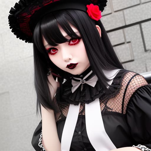  Gothic Lolita, black hair with red inner color, punk makeup 女の子 ファッション