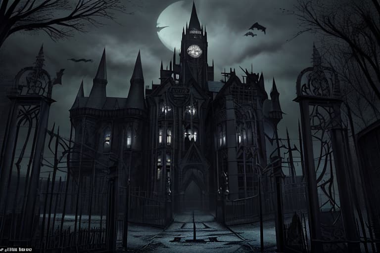  Arkham Asylum* Create a street view image of Arkham Asylum's entrance, showcasing its imposing gothic architecture, iron gates, and eerie atmosphere.