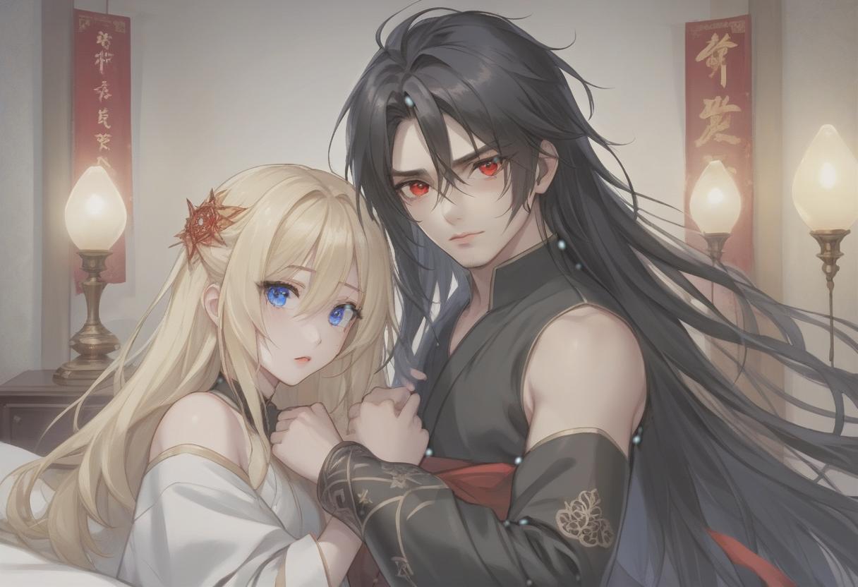  breathtaking realistic photo, two people, a character from the novel “system save yourself for the main hero”, lo binghe, a young man in black. long black hair to the waist, red eyes, demonic mark on the forehead, next to him a girl is blonde, blonde hair to the shoulder blades, european face type, light skin, blue eyes, plump lips, small tummy at the bottom at the waist bedside . award winning, professional, highly detailed, hkmagic