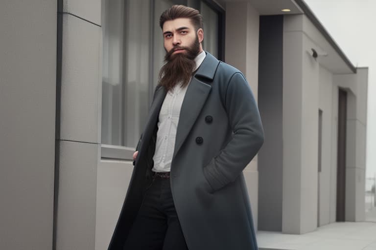  a young man in a coat and shirt, with a neat beard