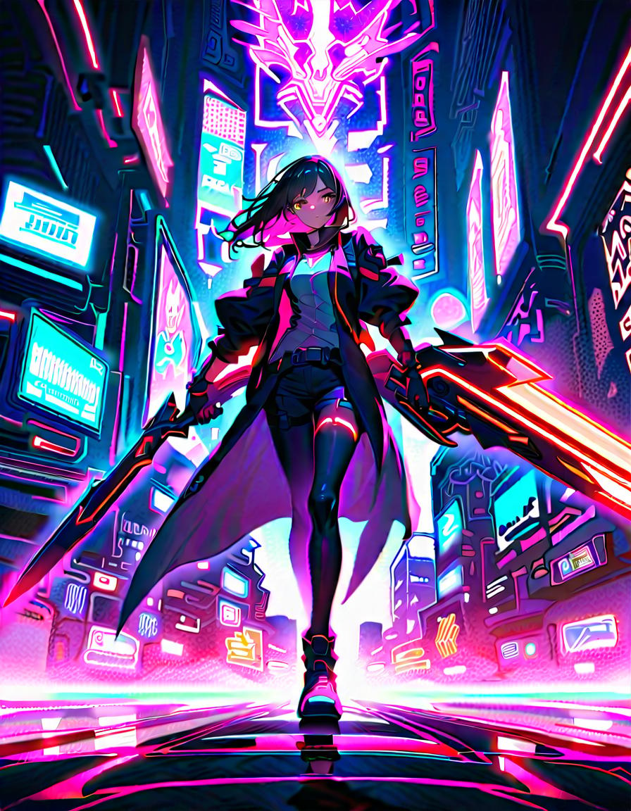  handsome young man, carrying futuristic weapon, moving swiftly, confident, break exciting cyberpunk adventure, neon lit cityscape, graffiti covered walls, holographic billboards, futuristic vehicles, neon signs, break futuristic and electric, vibrant colors, fast paced motion blur effects, neon glows,