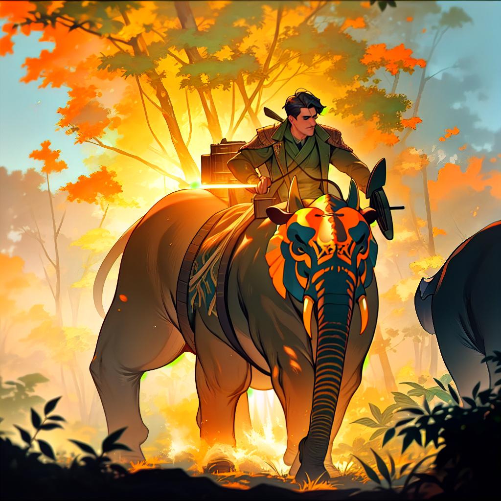  Jungle- hunter, riding on elephant,big gun,- very little sunlight coming through canopy , hyperrealistic, full body, detailed clothing, highly detailed, cinematic lighting, stunningly beautiful, intricate, sharp focus, f/1. 8, 85mm, (centered image composition), (professionally color graded), ((bright soft diffused light)), volumetric fog, trending on instagram, trending on tumblr, HDR 4K, 8K hyperrealistic, full body, detailed clothing, highly detailed, cinematic lighting, stunningly beautiful, intricate, sharp focus, f/1. 8, 85mm, (centered image composition), (professionally color graded), ((bright soft diffused light)), volumetric fog, trending on instagram, trending on tumblr, HDR 4K, 8K