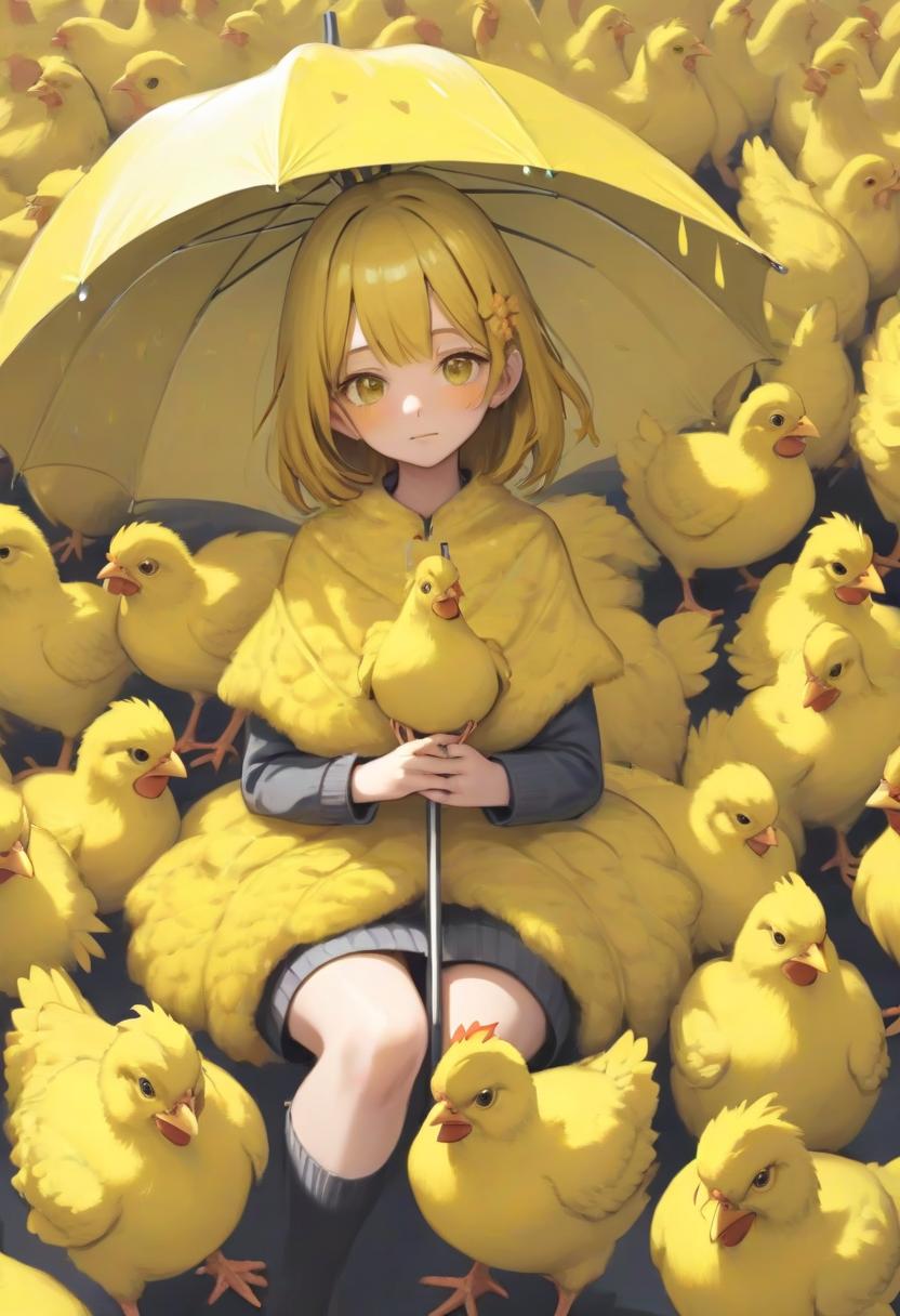  the girl covered with an umbrella of yellow chickens