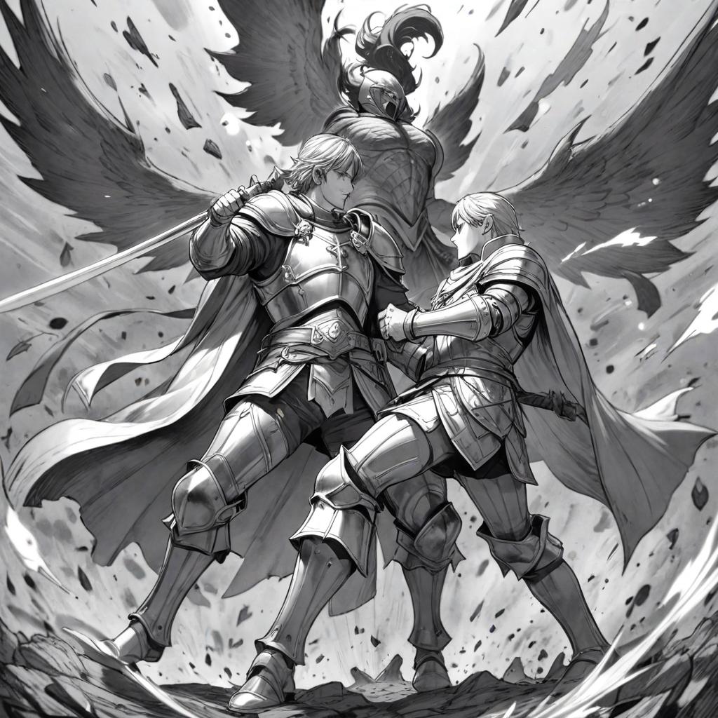  manga artwork fantasy, greyscale monochrome, manga materials, fight between knight and wizard, fullsize body view, legs. manga artist. manga, highly emotional. best quality, high resolution