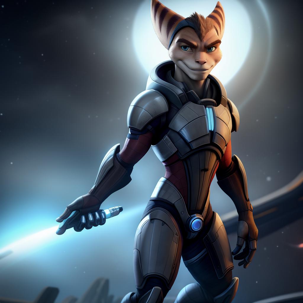  Male ratchet and clank (mass effect), full body, high quality resolution, open eyes, digital art, masterpiece, 4k, fine details,