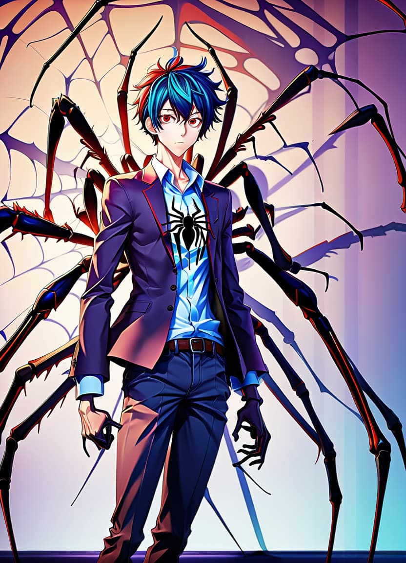  anime artwork make him a spider body instead of his legs . anime style, key visual, vibrant, studio anime, highly detailed