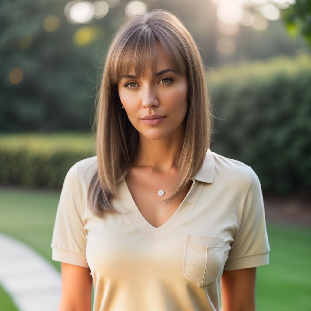  (((realistic full torso frontal head shot of a light beige to medium tan skin tone woman))), liselotte jane winkler, ((caucasian heritage)), immature face, brown eye color, ((bangs hair style)), (( hair color)), (( body type)), small size, big size, (immature flat nose), (immature defined cheekbones), (immature angular jawline), (immature full lips), (immature wide forehead), (immature even eyebrows), (immature dimpled chin), standing straight looking directly into the camera,((wearing fitted polo shirt with deep v neck and monogrammed pocket)), backyard in background, 1, best quality, highest quality, award winning photo, masterpiece, raw, professional photography, photorealism, sharp focus, cinematic, hi hyperrealistic, full body, detailed clothing, highly detailed, cinematic lighting, stunningly beautiful, intricate, sharp focus, f/1. 8, 85mm, (centered image composition), (professionally color graded), ((bright soft diffused light)), volumetric fog, trending on instagram, trending on tumblr, HDR 4K, 8K