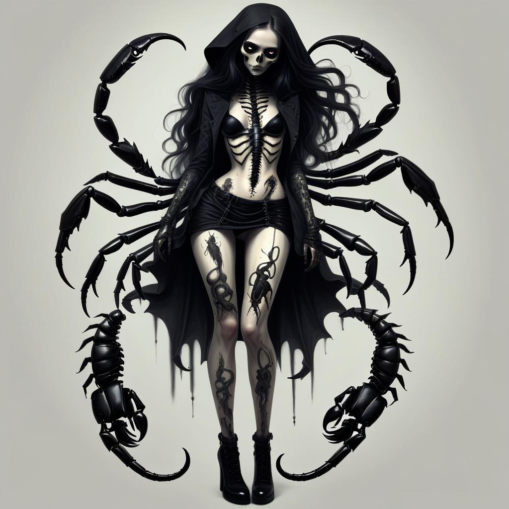  macabre style make her a girl with a scorpion in her lower body . dark, gothic, grim, haunting, highly detailed