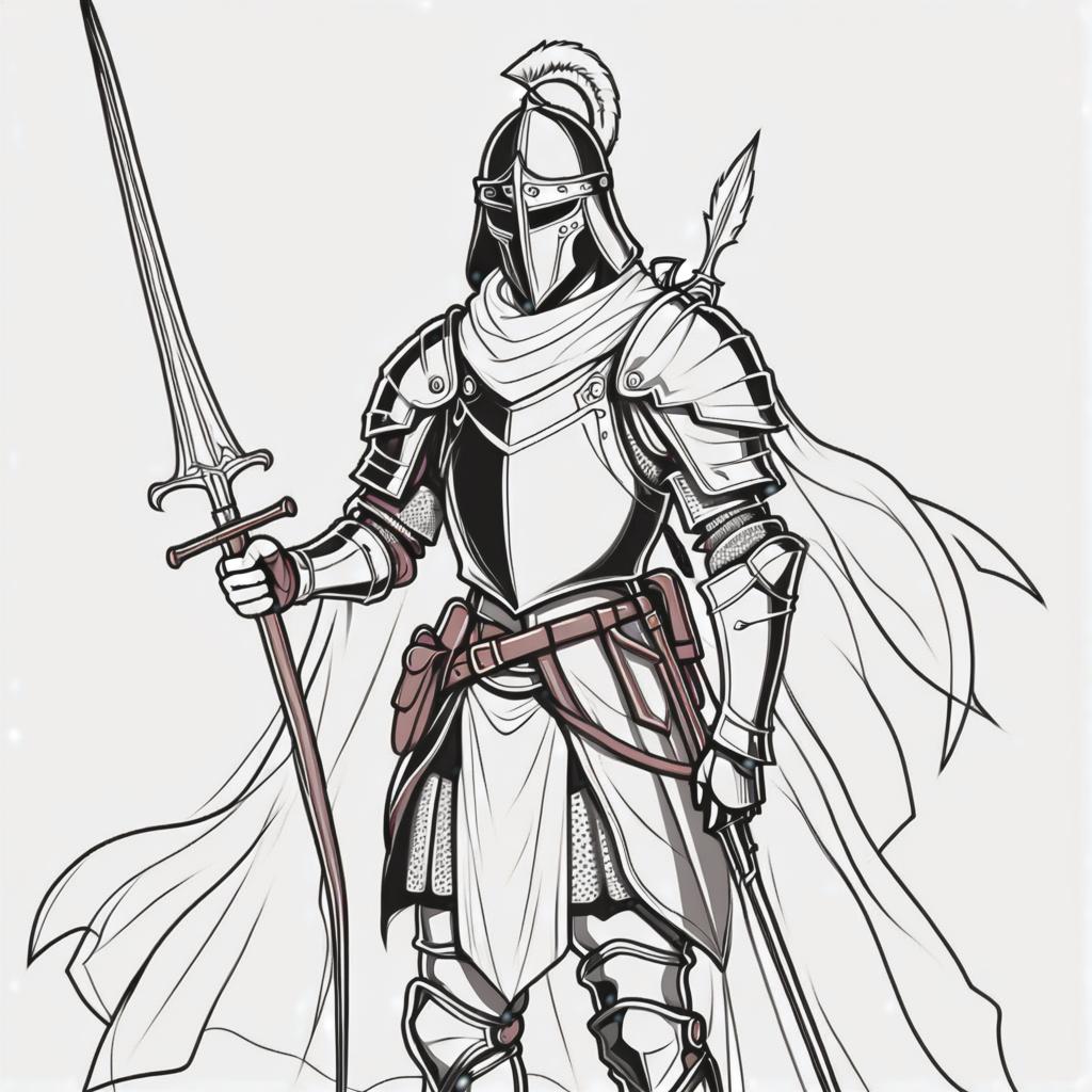  line art drawing medieval soldier, same nightmare. anime style . professional, sleek, modern, minimalist, graphic, line art, vector graphics