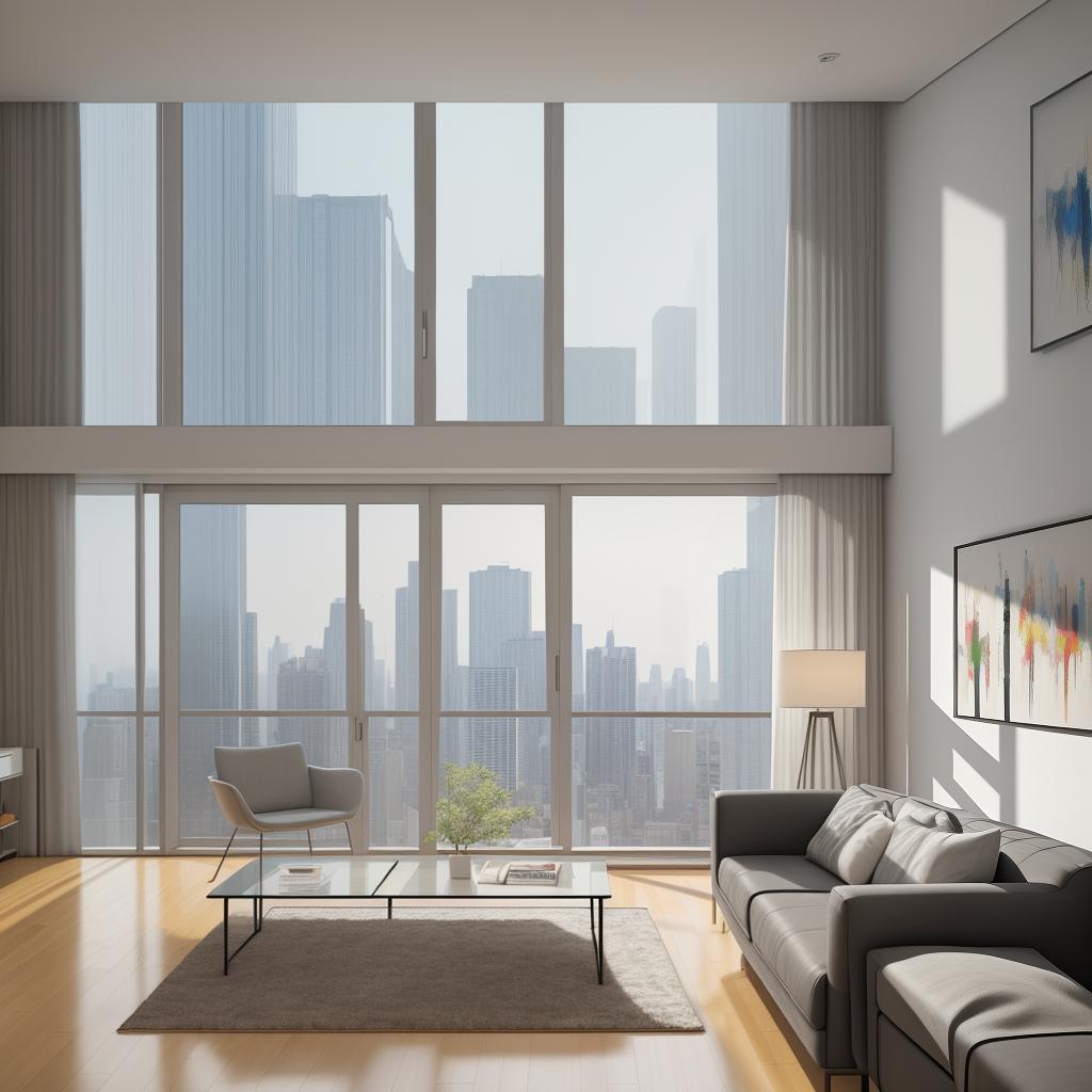  masterpiece, best quality, best quality, masterpiece, 8k resolution,high resolution concept art of an apartment living room with floor to ceiling windows and modern furniture