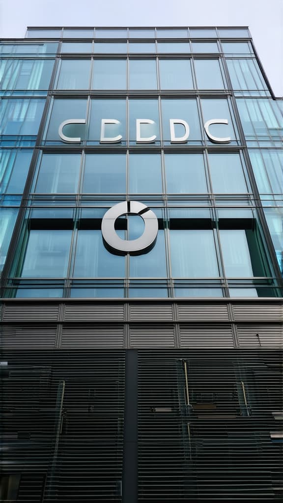  professional detailed photography, the inscription "cbdc" on the facade of the building, the facade is made of glass ar 9:16, (muted colors, dim colors, soothing tones), (vsco:0.3)