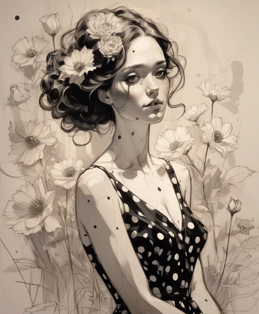  drawing beautiful woman , dramatic light, with a black polka dot dress, flowers, stunning, realistic, by abigail larson, carne griffiths.