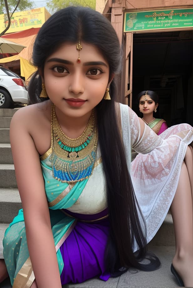  masterpiece, best quality, two indian women in saris sitting on the steps of an outdoor market area, a picture, reddit, movie stills, provocative indian, still from movie, beautiful curvy female, indian goddess, cute woman