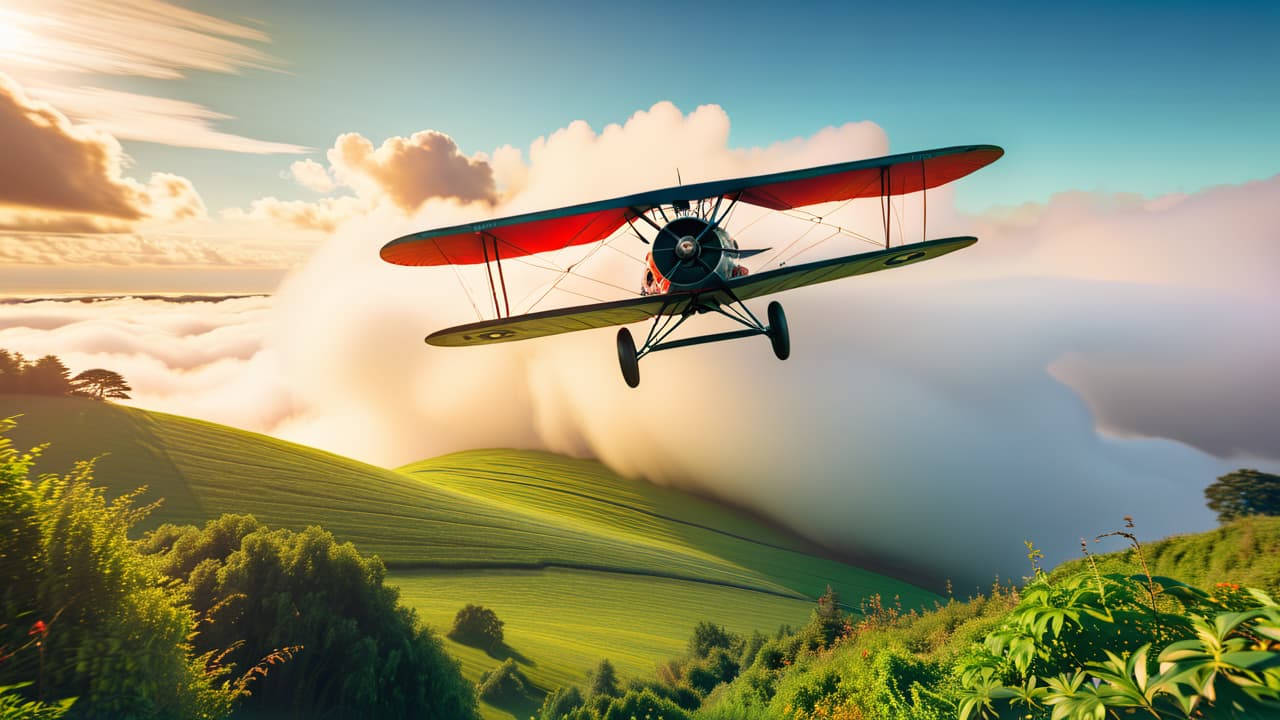  a vintage biplane soaring above a lush, green landscape, surrounded by clouds, with early 20th century inventors in the foreground sketching designs on blueprints, evoking the dawn of aviation innovation. hyperrealistic, full body, detailed clothing, highly detailed, cinematic lighting, stunningly beautiful, intricate, sharp focus, f/1. 8, 85mm, (centered image composition), (professionally color graded), ((bright soft diffused light)), volumetric fog, trending on instagram, trending on tumblr, HDR 4K, 8K